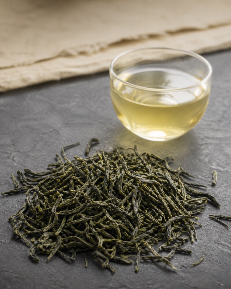 Chunmee Green Tea — dry leaf and brewed liquor