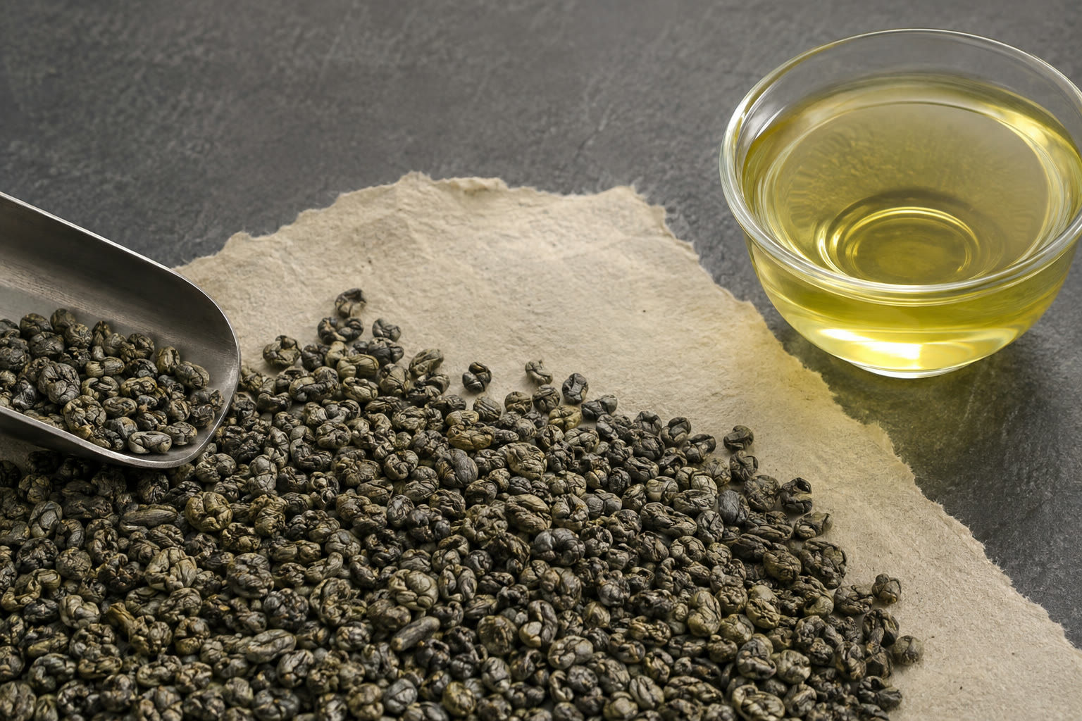 Gunpowder Green Tea — dry leaf and brewed liquor